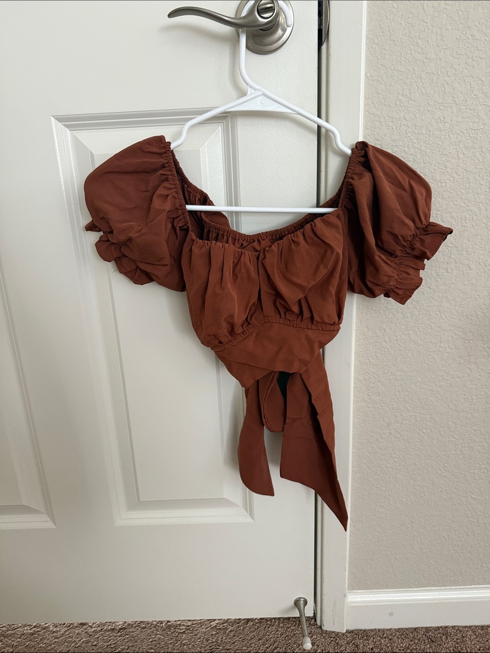 Amazon Rust Brown Puff Sleeve Crop Top with Tie